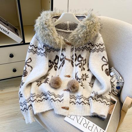 FA52632# 复古费尔岛毛领连帽毛衣外套女秋冬氛围感慵懒宽松牛角扣针织开衫  服裝批發女裝批發服飾貨源