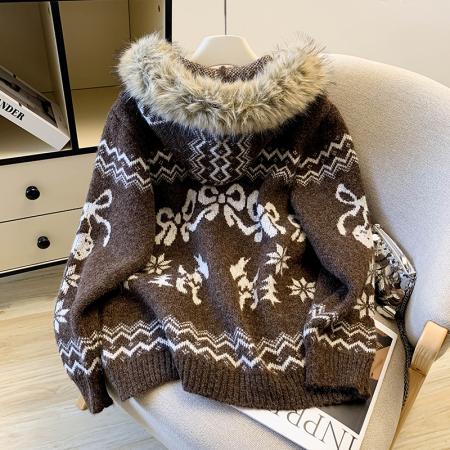 FA52632# 复古费尔岛毛领连帽毛衣外套女秋冬氛围感慵懒宽松牛角扣针织开衫  服裝批發女裝批發服飾貨源