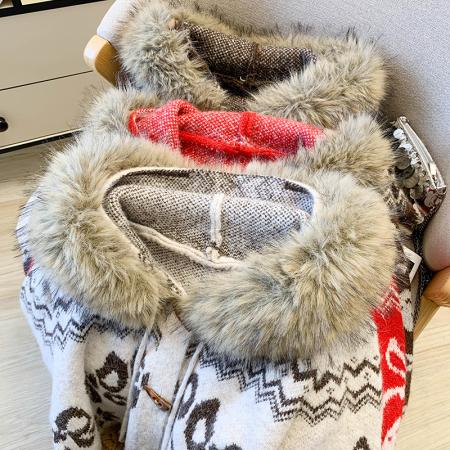 FA52632# 复古费尔岛毛领连帽毛衣外套女秋冬氛围感慵懒宽松牛角扣针织开衫  服裝批發女裝批發服飾貨源