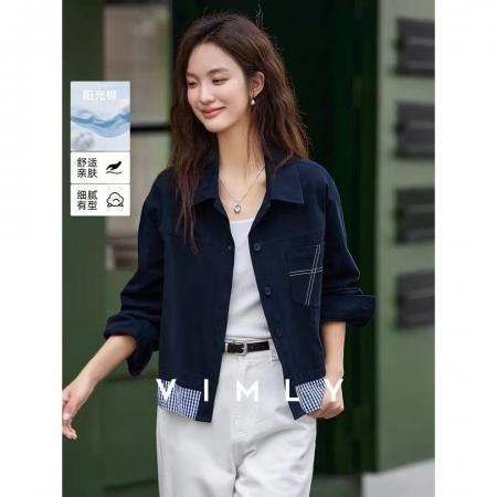 FA52634# 藏青色设计感衬衫外套女25秋季舒适时尚休闲洋气条纹拼接上衣  服裝批發女裝批發服飾貨源