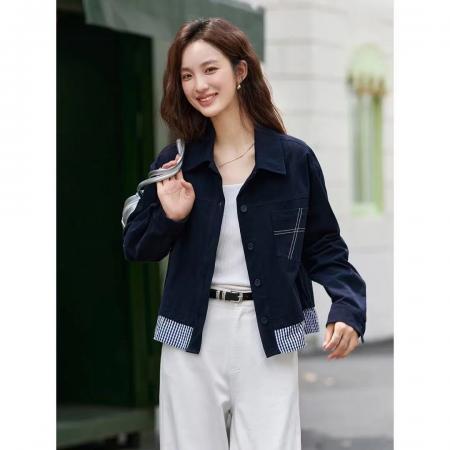 FA52634# 藏青色设计感衬衫外套女25秋季舒适时尚休闲洋气条纹拼接上衣  服裝批發女裝批發服飾貨源