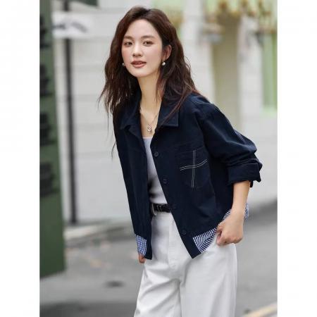 FA52634# 藏青色设计感衬衫外套女25秋季舒适时尚休闲洋气条纹拼接上衣  服裝批發女裝批發服飾貨源