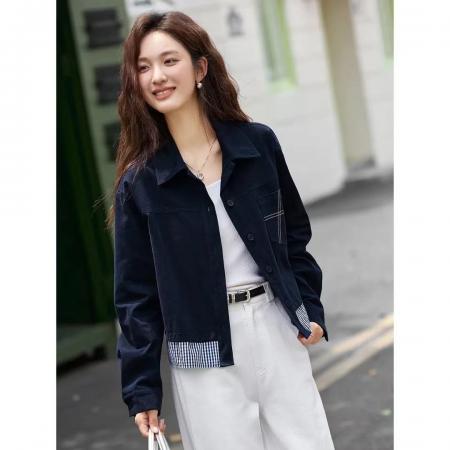 FA52634# 藏青色设计感衬衫外套女25秋季舒适时尚休闲洋气条纹拼接上衣  服裝批發女裝批發服飾貨源