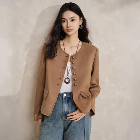 FA52635# 仿麂皮绒外套女秋小香风短款高级感气质上衣优雅通勤外套  服裝批發女裝批發服飾貨源