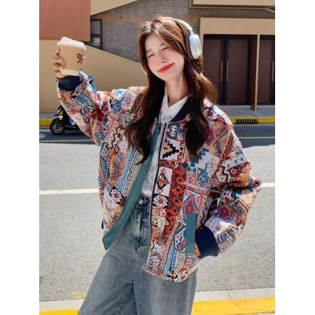 FA52636# 复古刺绣拼接棒球服短外套女秋季流行超火减龄巨好看宽松夹克  服裝批發女裝批發服飾貨源