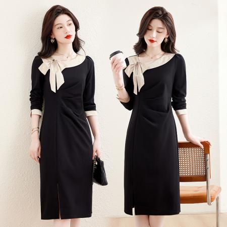 FA52637# 时尚拼接蝴蝶结连衣裙女春秋新款气质显瘦中长款开叉裙子  服裝批發女裝批發服飾貨源