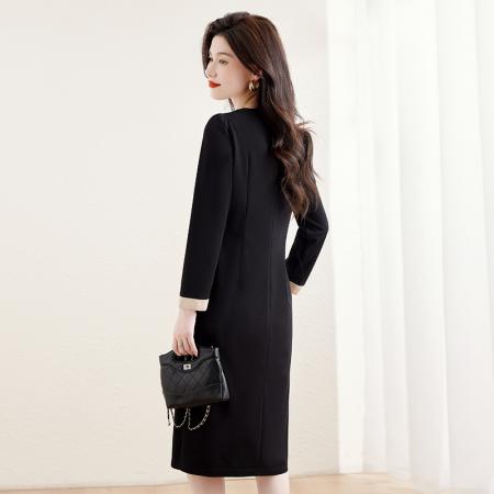 FA52637# 时尚拼接蝴蝶结连衣裙女春秋新款气质显瘦中长款开叉裙子  服裝批發女裝批發服飾貨源