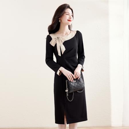 FA52637# 时尚拼接蝴蝶结连衣裙女春秋新款气质显瘦中长款开叉裙子  服裝批發女裝批發服飾貨源