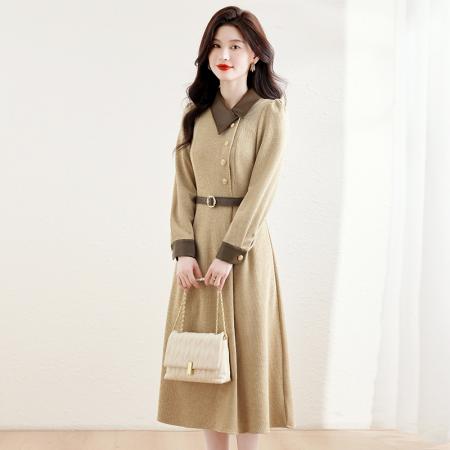 FA52638# 高品质早秋新款穿搭巨好看的掐腰法式长袖连衣裙配腰带  服裝批發女裝批發服飾貨源