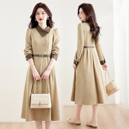 FA52638# 高品质早秋新款穿搭巨好看的掐腰法式长袖连衣裙配腰带  服裝批發女裝批發服飾貨源