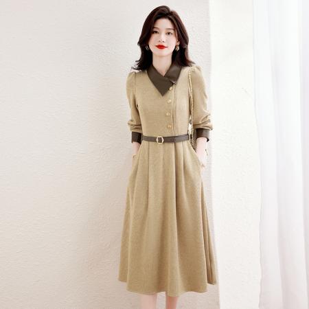 FA52638# 高品质早秋新款穿搭巨好看的掐腰法式长袖连衣裙配腰带  服裝批發女裝批發服飾貨源