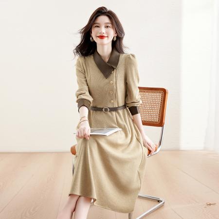 FA52638# 高品质早秋新款穿搭巨好看的掐腰法式长袖连衣裙配腰带  服裝批發女裝批發服飾貨源