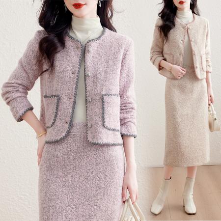FA52639# 小香风套装女冬季新款高端精致粗花呢长裙加厚显瘦两件套  服裝批發女裝批發服飾貨源