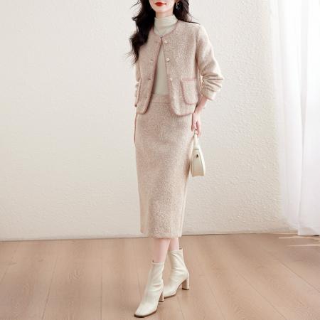 FA52639# 小香风套装女冬季新款高端精致粗花呢长裙加厚显瘦两件套  服裝批發女裝批發服飾貨源