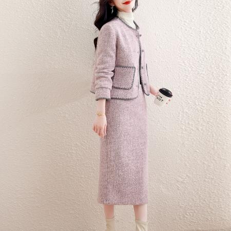 FA52639# 小香风套装女冬季新款高端精致粗花呢长裙加厚显瘦两件套  服裝批發女裝批發服飾貨源