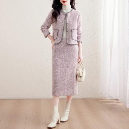 FA52639# 小香风套装女冬季新款高端精致粗花呢长裙加厚显瘦两件套  服裝批發女裝批發服飾貨源
