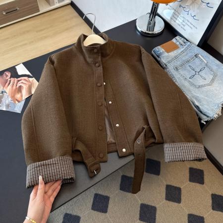 FA52640# 休闲时尚毛呢外套女欧洲站新款韩版立领腰带百搭夹克潮  服裝批發女裝批發服飾貨源