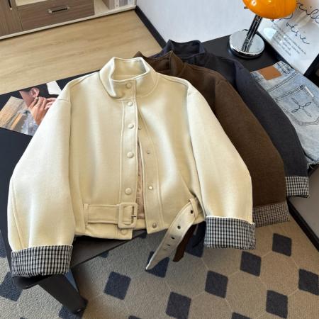 FA52640# 休闲时尚毛呢外套女欧洲站新款韩版立领腰带百搭夹克潮  服裝批發女裝批發服飾貨源