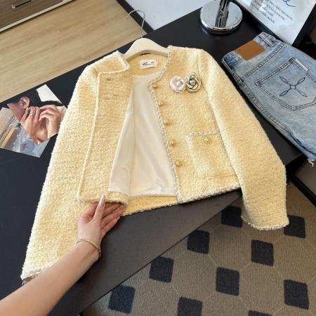 FA52642# 法式重工温柔风圆领双口袋粗花呢编织小香风外媛羽绒服外套  服裝批發女裝批發服飾貨源