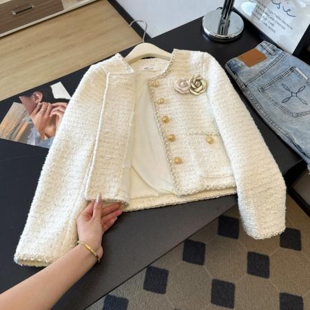 FA52642# 法式重工温柔风圆领双口袋粗花呢编织小香风外媛羽绒服外套  服裝批發女裝批發服飾貨源