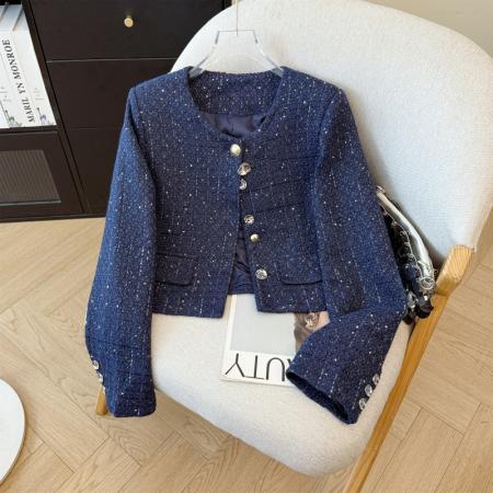 FA52643# 秋冬海青蓝圆领小香风短外套秋季新款气质显瘦上衣  服裝批發女裝批發服飾貨源