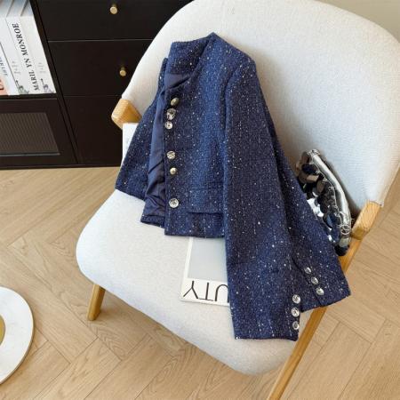 FA52643# 秋冬海青蓝圆领小香风短外套秋季新款气质显瘦上衣  服裝批發女裝批發服飾貨源