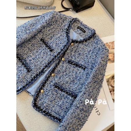 FA52644# 洋气蓝色小香风编织短外套女秋冬新款气质圆领粗花呢夹克上衣  服裝批發女裝批發服飾貨源