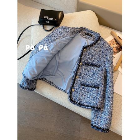 FA52644# 洋气蓝色小香风编织短外套女秋冬新款气质圆领粗花呢夹克上衣  服裝批發女裝批發服飾貨源