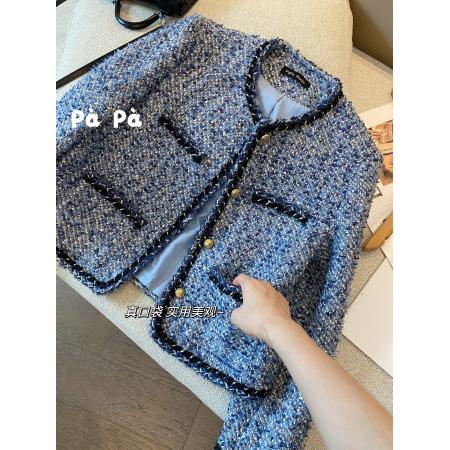 FA52644# 洋气蓝色小香风编织短外套女秋冬新款气质圆领粗花呢夹克上衣  服裝批發女裝批發服飾貨源