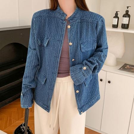 FA52650# 新款气质小香风牛仔外套女秋季小众设计感立领蓝色夹克上衣  服裝批發女裝批發服飾貨源