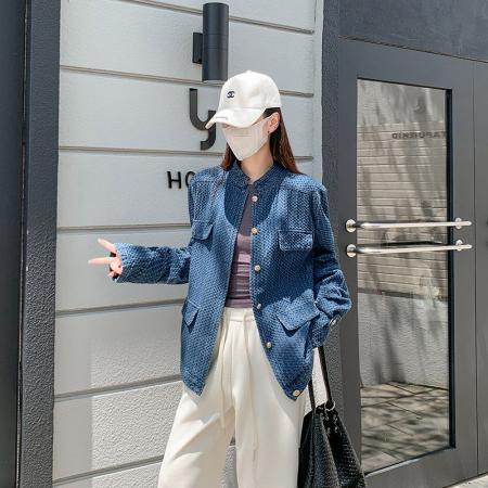 FA52650# 新款气质小香风牛仔外套女秋季小众设计感立领蓝色夹克上衣  服裝批發女裝批發服飾貨源