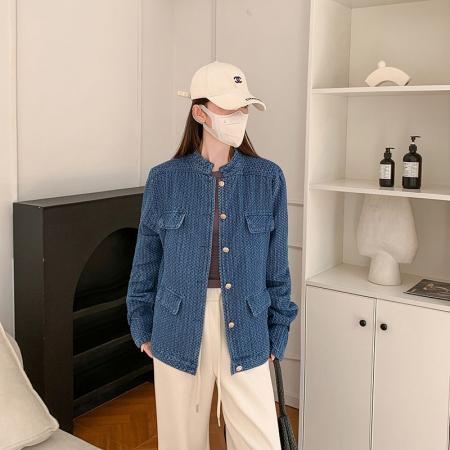 FA52650# 新款气质小香风牛仔外套女秋季小众设计感立领蓝色夹克上衣  服裝批發女裝批發服飾貨源