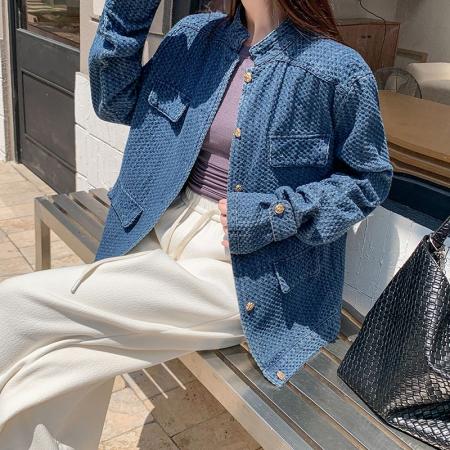 FA52650# 新款气质小香风牛仔外套女秋季小众设计感立领蓝色夹克上衣  服裝批發女裝批發服飾貨源