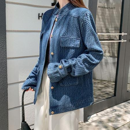 FA52650# 新款气质小香风牛仔外套女秋季小众设计感立领蓝色夹克上衣  服裝批發女裝批發服飾貨源