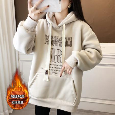 FA52652# 纯棉华棉复合米粒绒秋冬加绒连帽卫衣外套  服裝批發女裝批發服飾貨源