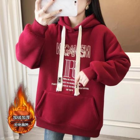 FA52652# 纯棉华棉复合米粒绒秋冬加绒连帽卫衣外套  服裝批發女裝批發服飾貨源