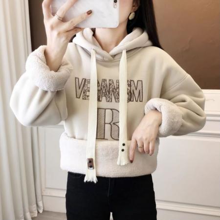 FA52652# 纯棉华棉复合米粒绒秋冬加绒连帽卫衣外套  服裝批發女裝批發服飾貨源