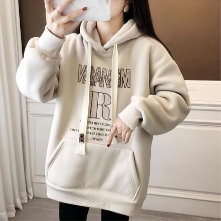 FA52652# 纯棉华棉复合米粒绒秋冬加绒连帽卫衣外套  服裝批發女裝批發服飾貨源