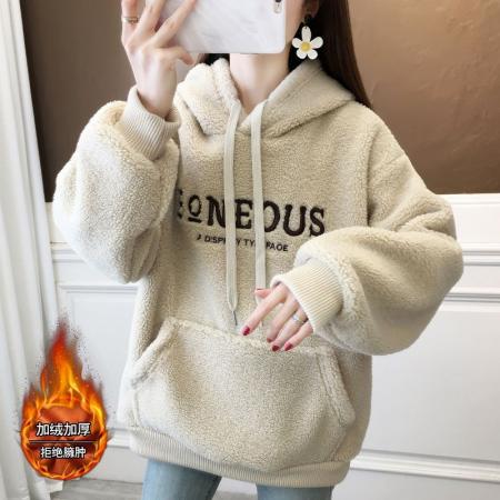 FA52653# 米粒绒复合真超秋冬加绒加厚羊羔绒连帽卫衣外套  服裝批發女裝批發服飾貨源