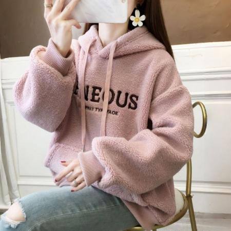 FA52653# 米粒绒复合真超秋冬加绒加厚羊羔绒连帽卫衣外套  服裝批發女裝批發服飾貨源