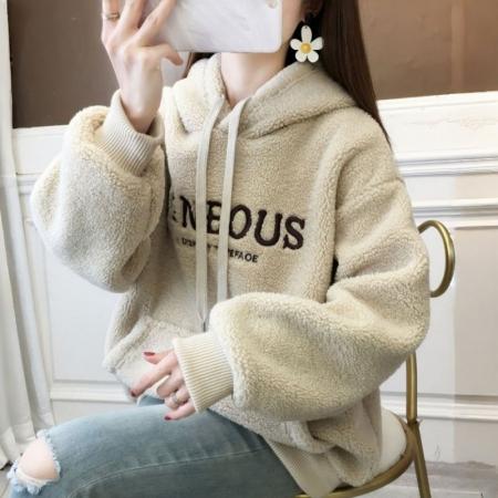 FA52653# 米粒绒复合真超秋冬加绒加厚羊羔绒连帽卫衣外套  服裝批發女裝批發服飾貨源