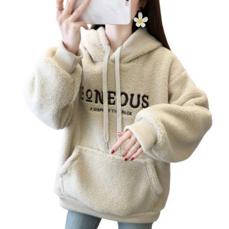 FA52653# 米粒绒复合真超秋冬加绒加厚羊羔绒连帽卫衣外套  服裝批發女裝批發服飾貨源