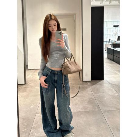 FA52657# 美式复古辣妹烫钻牛仔裤子女春季重工满天星高腰宽松阔腿长裤  服裝批發女裝批發服飾貨源