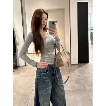 FA52657# 美式复古辣妹烫钻牛仔裤子女春季重工满天星高腰宽松阔腿长裤  服裝批發女裝批發服飾貨源