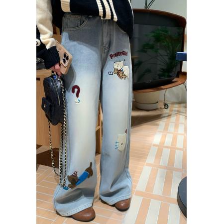 FA52658# 牛仔腊肠kitty头刺绣春款不加绒牛仔裤女秋冬宽松直筒显瘦长裤  服裝批發女裝批發服飾貨源