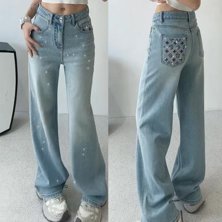 FA52660# ins欧货烫钻牛仔裤女拖地长裤新款春装高腰宽松百搭阔腿裤  服裝批發女裝批發服飾貨源