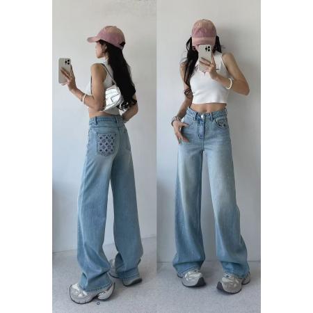 FA52660# ins欧货烫钻牛仔裤女拖地长裤新款春装高腰宽松百搭阔腿裤  服裝批發女裝批發服飾貨源
