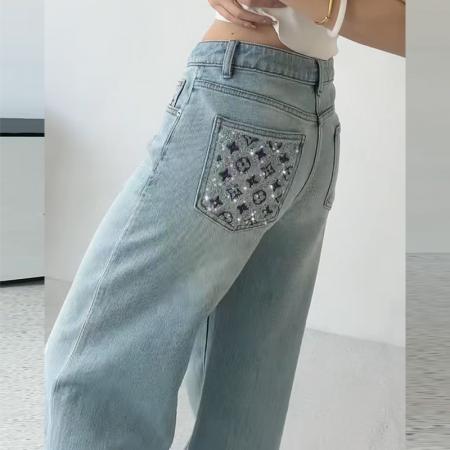 FA52660# ins欧货烫钻牛仔裤女拖地长裤新款春装高腰宽松百搭阔腿裤  服裝批發女裝批發服飾貨源