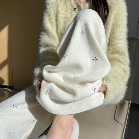 FA52661# 重工烫钻针织裤子女冬季新款高腰加厚保暖宽松垂感直筒阔腿裤  服裝批發女裝批發服飾貨源