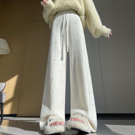 FA52661# 重工烫钻针织裤子女冬季新款高腰加厚保暖宽松垂感直筒阔腿裤  服裝批發女裝批發服飾貨源